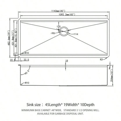 45x19 Inch Single Bowl Undermount Workstation Kitchen Sink - 16 Gauge Stainless Steel Deep Sink