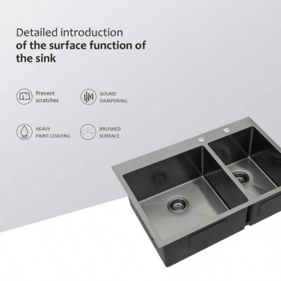 Double Bowl Drop in Sink - 33x22 Gunmetal Black Double Bowl Kitchen Sink 16 Gauge with Two 10 Deep Basin60/40