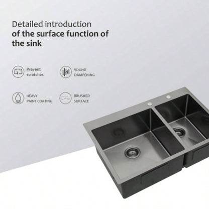 Double Bowl Drop in Sink - 33x22 Gunmetal Black Double Bowl Kitchen Sink 16 Gauge with Two 10 Deep Basin60/40