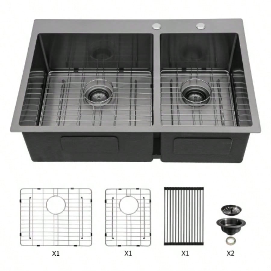 Double Bowl Drop in Sink - 33x22 Gunmetal Black Double Bowl Kitchen Sink 16 Gauge with Two 10 Deep Basin60/40