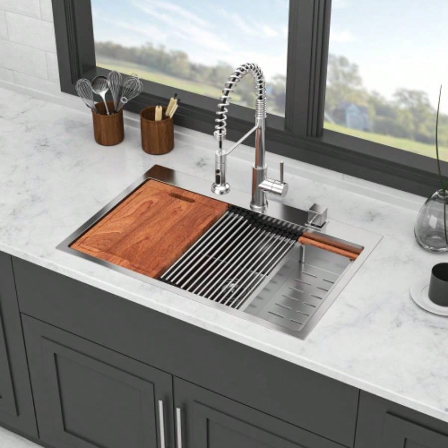 33 Drop in Kitchen Sink - 33*22 inch Kitchen Sink Drop - in Topmount Single Bowl 16 Gauge Stainless Steel Ledge Workstation Kitchen Sinks