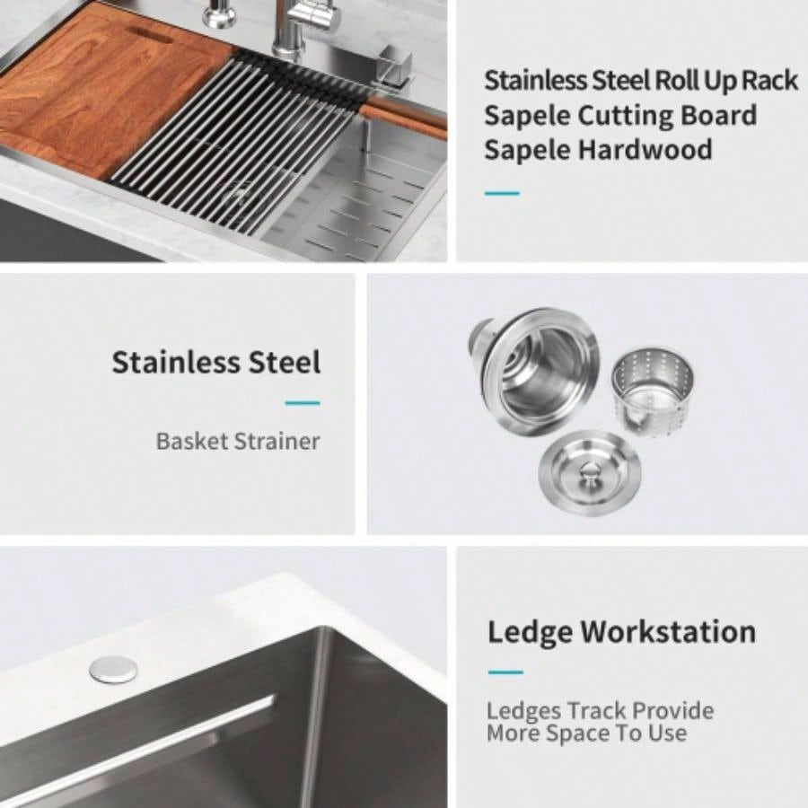 33 Drop in Kitchen Sink - 33*22 inch Kitchen Sink Drop - in Topmount Single Bowl 16 Gauge Stainless Steel Ledge Workstation Kitchen Sinks