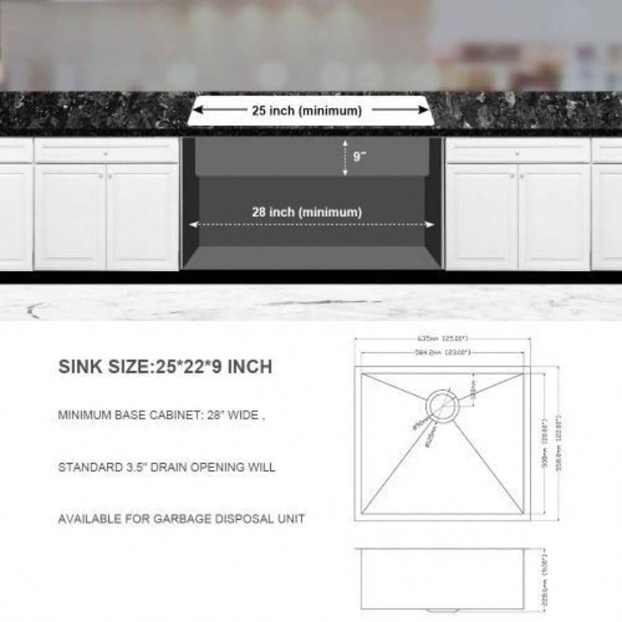 25 Inch Undermount Sink - 25x22x9 Undermount Stainless Steel Kitchen Sink 16 Gauge 9 Inch Deep Single Bowl Kitchen Sink Basin