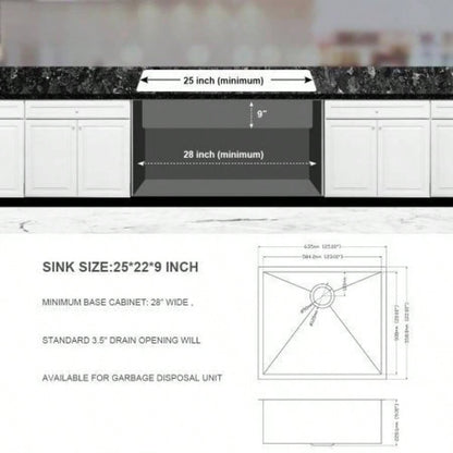 25 Inch Undermount Sink - 25x22x9 Undermount Stainless Steel Kitchen Sink 16 Gauge 9 Inch Deep Single Bowl Kitchen Sink Basin