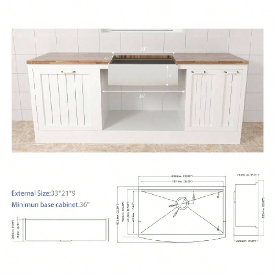 33 Farmhouse Sink Workstation - 33*21*9 Inch Kitchen Sink Stainless Steel 16 gauge Apron Front Kitchen Sink
