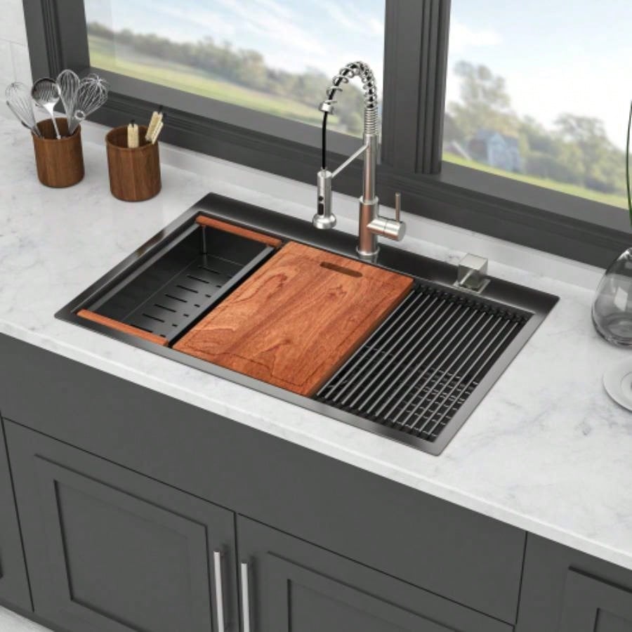 33 Drop in Kitchen Sink - 33*22 inch Gunmetal Black Kitchen Sink Topmount Single Bowl 16 Gauge Stainless Steel Ledge Workstation Kitchen Sinks