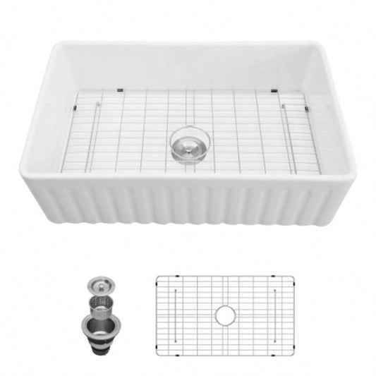 White Farmhouse Sink - 36 inch White Ceramic Single Bowl Farm Kitchen Sink