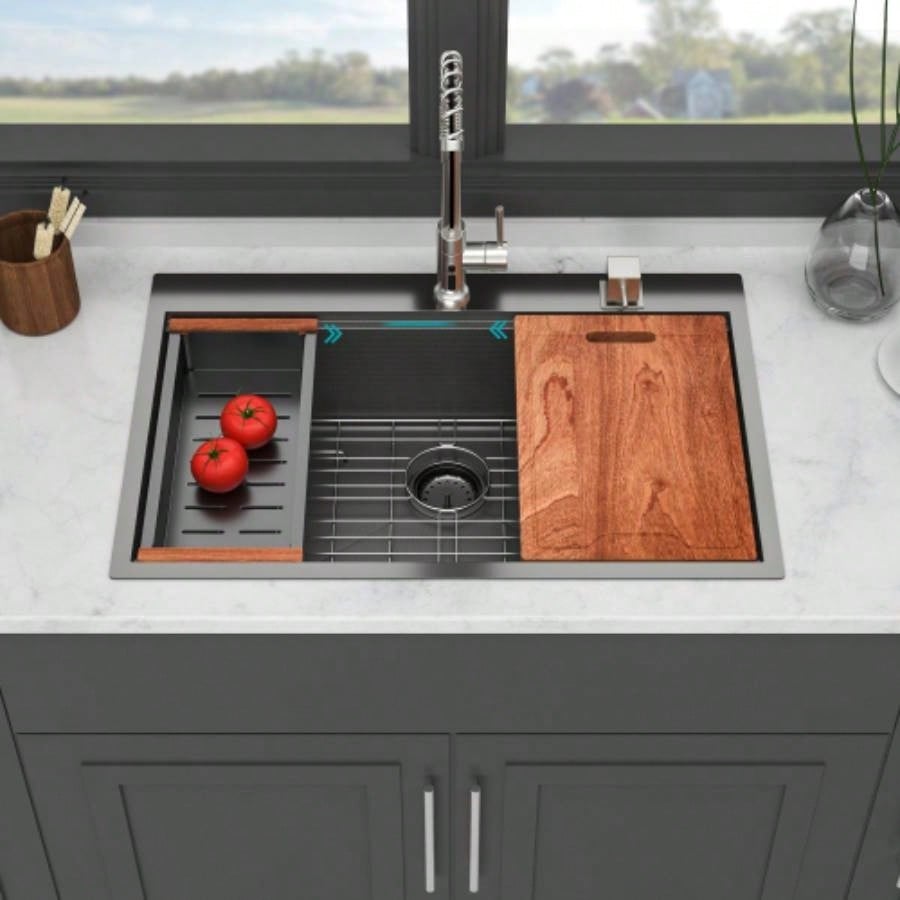 33 Drop in Kitchen Sink - 33*22 inch Gunmetal Black Kitchen Sink Topmount Single Bowl 16 Gauge Stainless Steel Ledge Workstation Kitchen Sinks