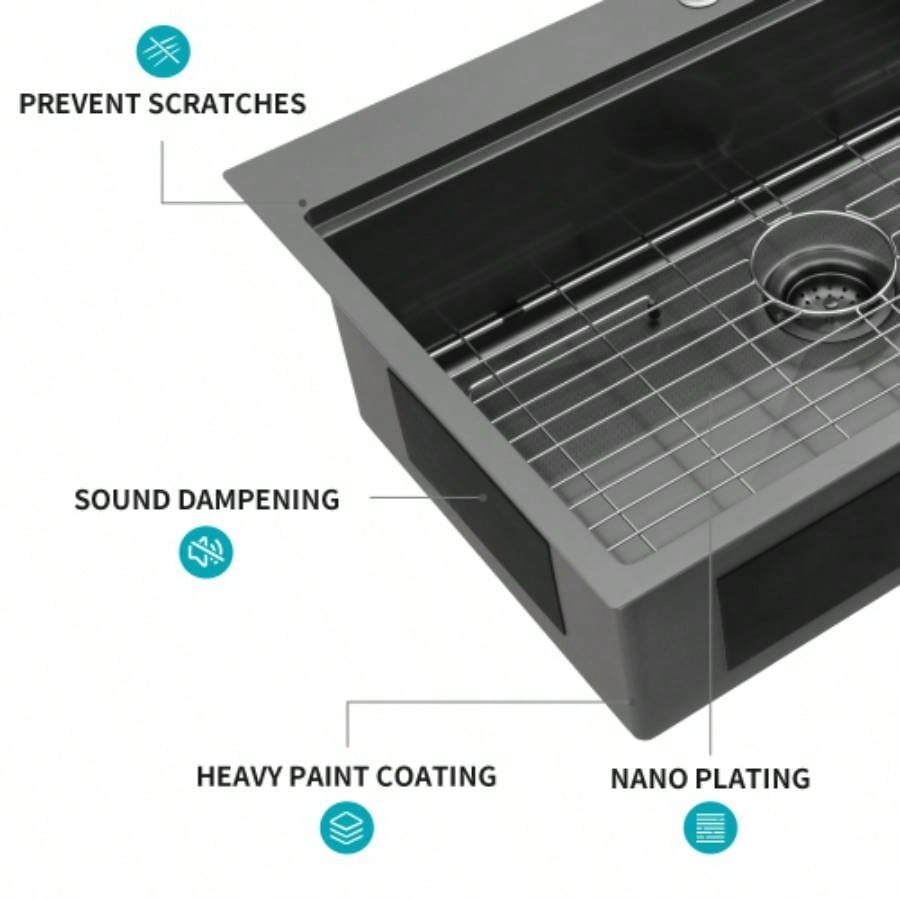 33 Drop in Kitchen Sink - 33*22 inch Gunmetal Black Kitchen Sink Topmount Single Bowl 16 Gauge Stainless Steel Ledge Workstation Kitchen Sinks