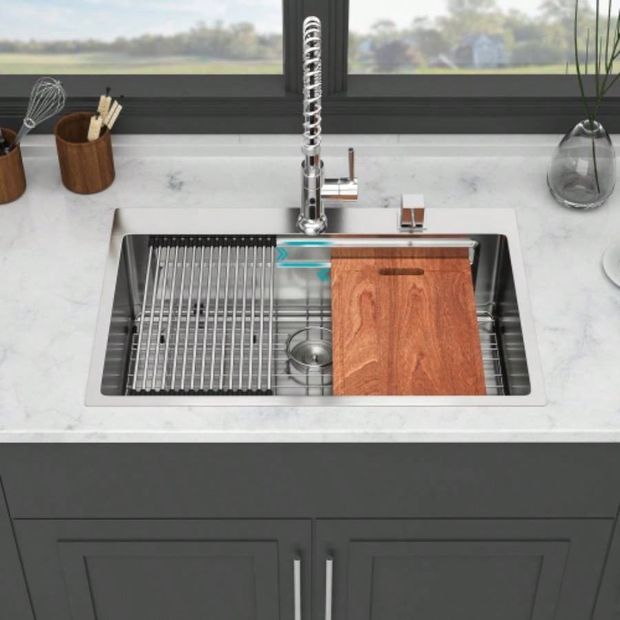 33 Drop in Kitchen Sink - 33*22 inch Kitchen Sink Drop - in Topmount Single Bowl 16 Gauge Stainless Steel Ledge Workstation Kitchen Sinks