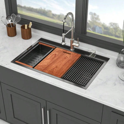 33 Drop in Kitchen Sink - 33*22 inch Gunmetal Black Kitchen Sink Topmount Single Bowl 16 Gauge Stainless Steel Ledge Workstation Kitchen Sinks