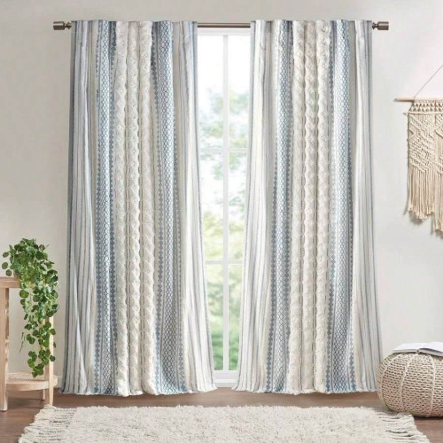 Cotton Printed Curtain Panel with Chenille Stripe and Lining White/Navy 50x95