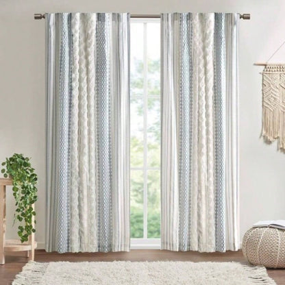 Cotton Printed Curtain Panel with Chenille Stripe and Lining White/Navy 50x95