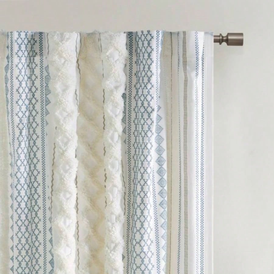 Cotton Printed Curtain Panel with Chenille Stripe and Lining White/Navy 50x95