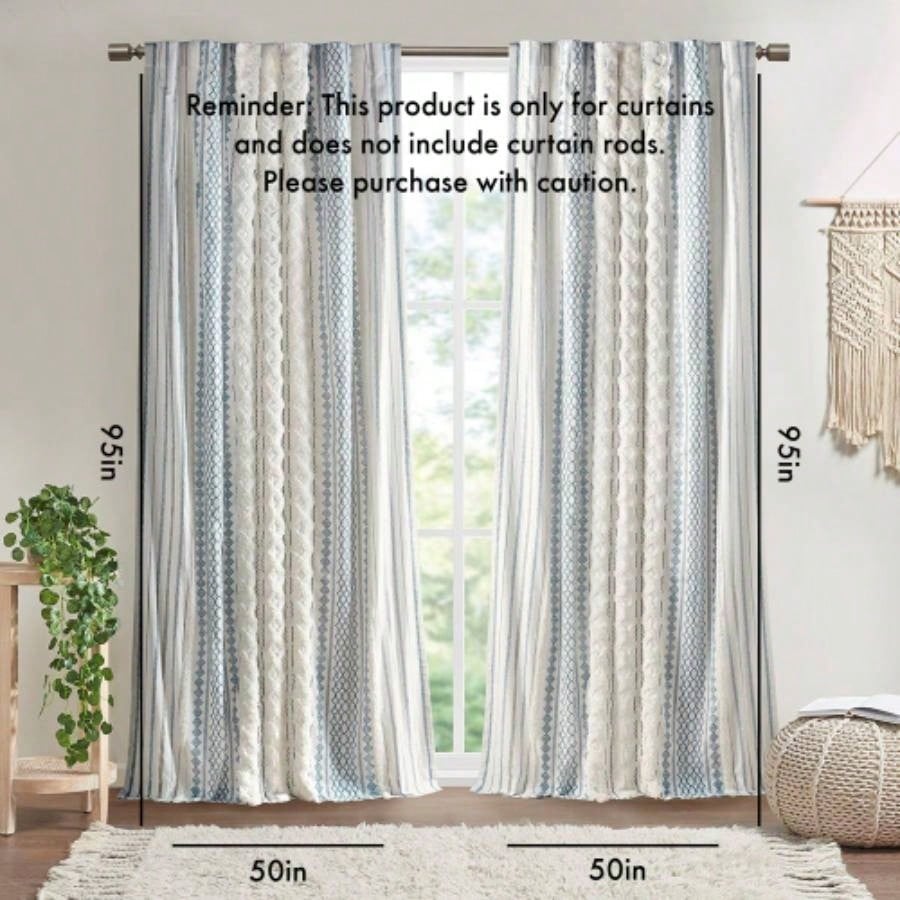 Cotton Printed Curtain Panel with Chenille Stripe and Lining White/Navy 50x95