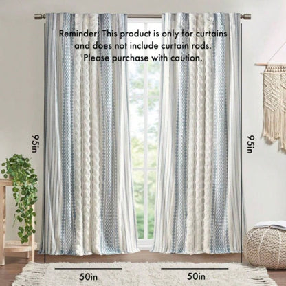 Cotton Printed Curtain Panel with Chenille Stripe and Lining White/Navy 50x95