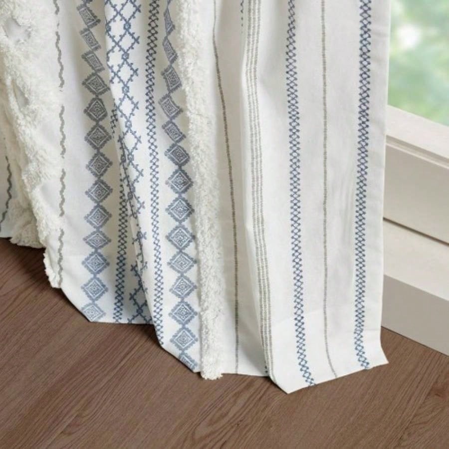 Cotton Printed Curtain Panel with Chenille Stripe and Lining White/Navy 50x95