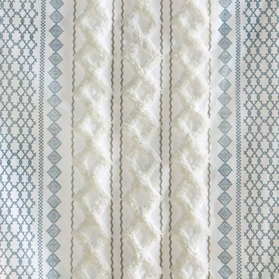 Cotton Printed Curtain Panel with Chenille Stripe and Lining White/Navy 50x95
