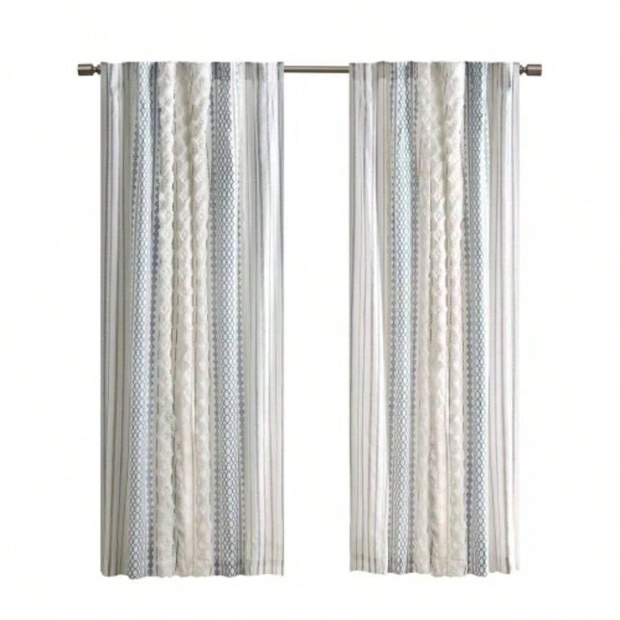 Cotton Printed Curtain Panel with Chenille Stripe and Lining White/Navy 50x95