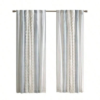 Cotton Printed Curtain Panel with Chenille Stripe and Lining White/Navy 50x95