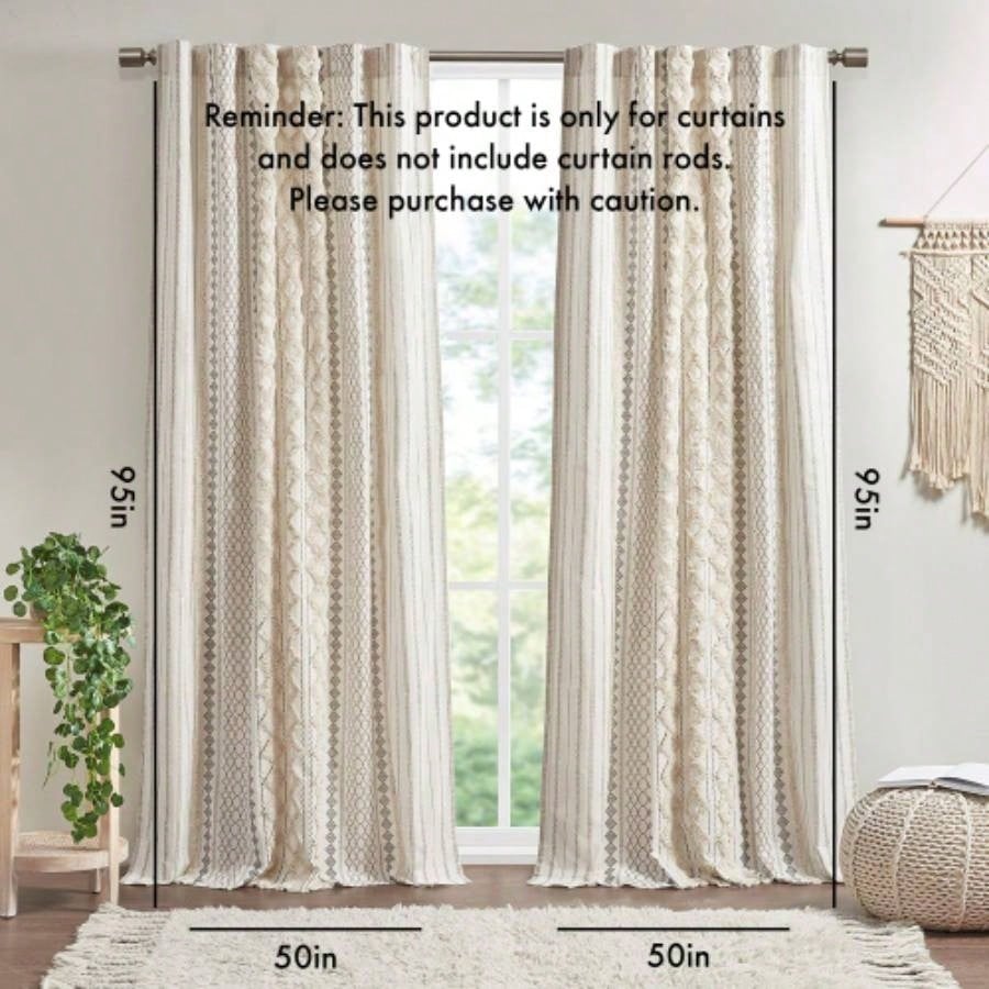 Cotton Printed Curtain Panel with Chenille Stripe and Lining Ivory 50x95
