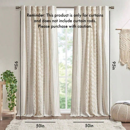 Cotton Printed Curtain Panel with Chenille Stripe and Lining Ivory 50x95