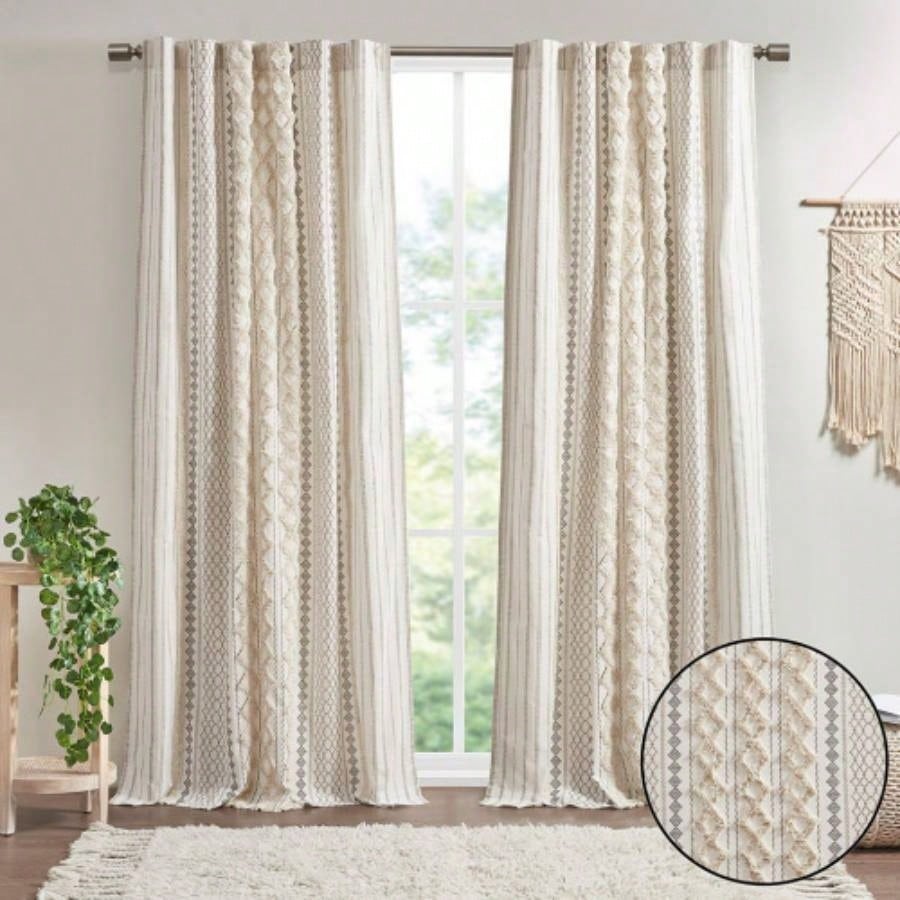 Cotton Printed Curtain Panel with Chenille Stripe and Lining Ivory 50x95