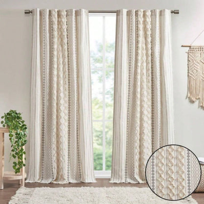 Cotton Printed Curtain Panel with Chenille Stripe and Lining Ivory 50x95