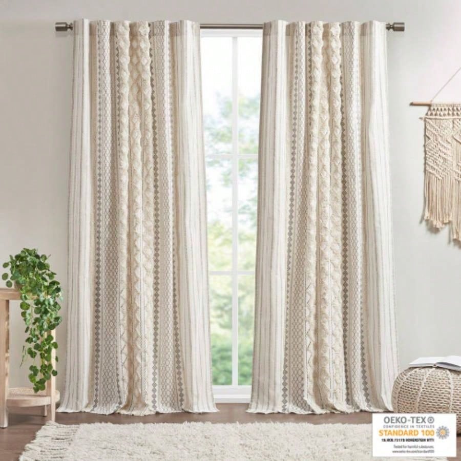 Cotton Printed Curtain Panel with Chenille Stripe and Lining Ivory 50x95
