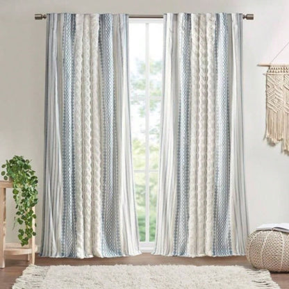 Cotton Printed Curtain Panel with Chenille Stripe and Lining White/Navy 50x95
