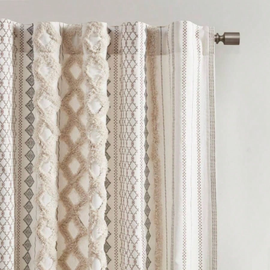 Cotton Printed Curtain Panel with Chenille Stripe and Lining Ivory 50x95