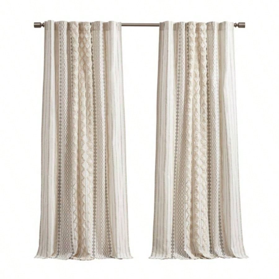 Cotton Printed Curtain Panel with Chenille Stripe and Lining Ivory 50x95