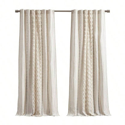Cotton Printed Curtain Panel with Chenille Stripe and Lining Ivory 50x95