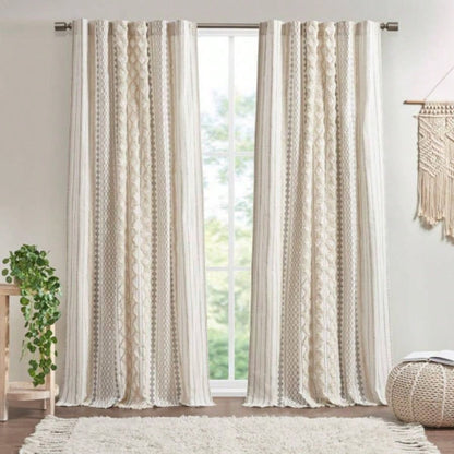 Cotton Printed Curtain Panel with Chenille Stripe and Lining Ivory 50x95