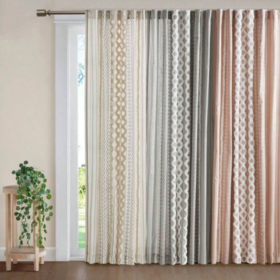 Cotton Printed Curtain Panel with Chenille Stripe and Lining Ivory 50x95