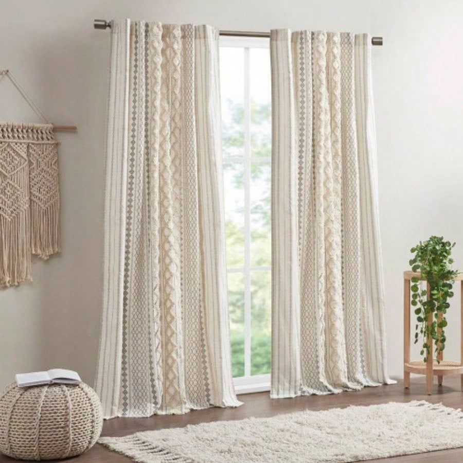 Cotton Printed Curtain Panel with Chenille Stripe and Lining Ivory 50x95