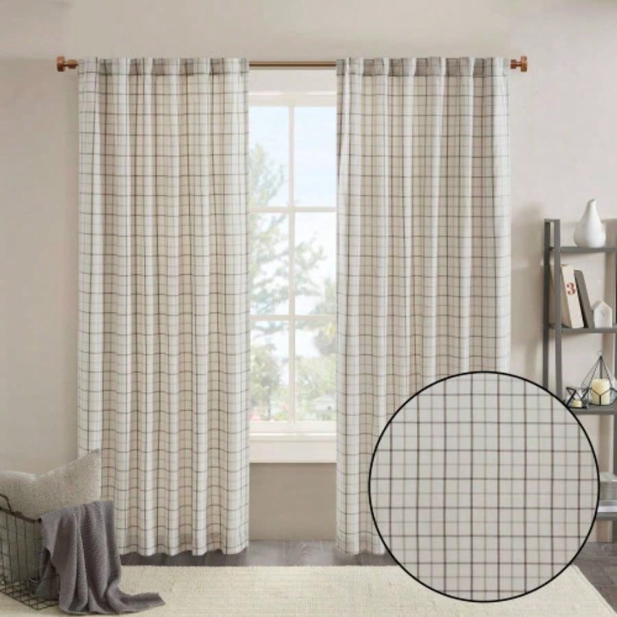 1 PCS 50x108 Plaid Rod Pocket and Back Tab Curtain Panel with Fleece Lining Natural
