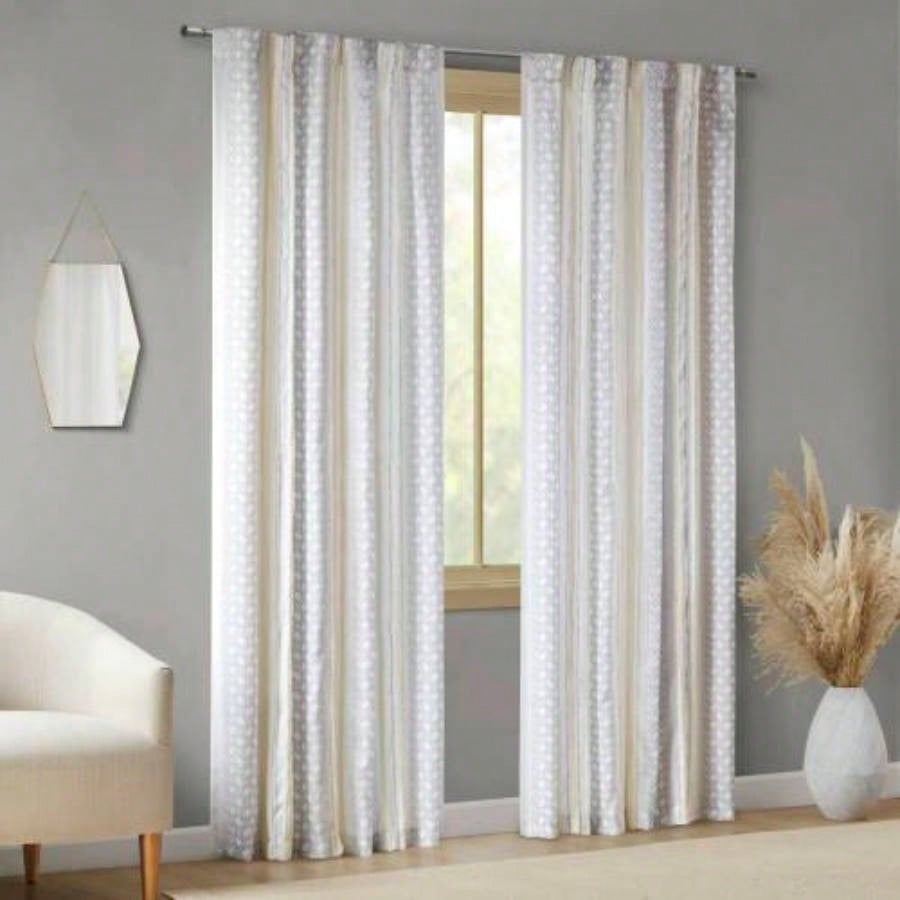 2pk Poly Printed Curtain Panel with Tufted Stripe White/Taupe 2 - PK 50x84