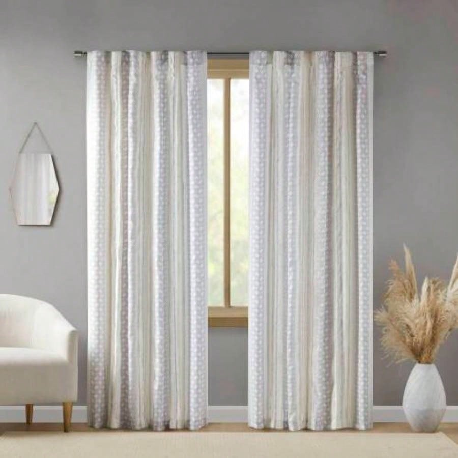 2pk Poly Printed Curtain Panel with Tufted Stripe White/Taupe 2 - PK 50x95