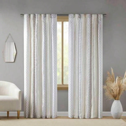 2pk Poly Printed Curtain Panel with Tufted Stripe White/Taupe 2 - PK 50x84