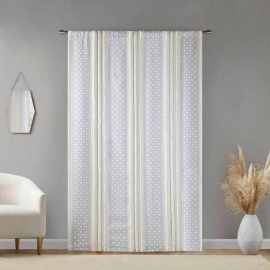 2pk Poly Printed Curtain Panel with Tufted Stripe White/Taupe 2 - PK 50x95