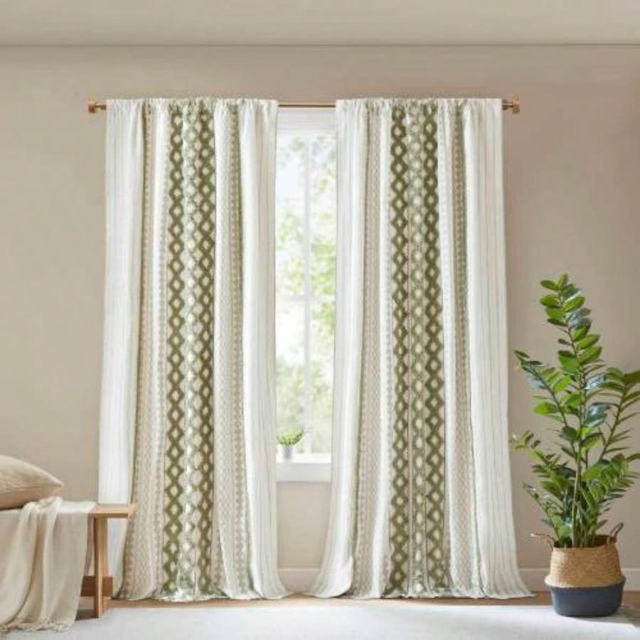 1 PCS 50x95 Cotton Printed Curtain Panel with Chenille Stripe and Lining Green