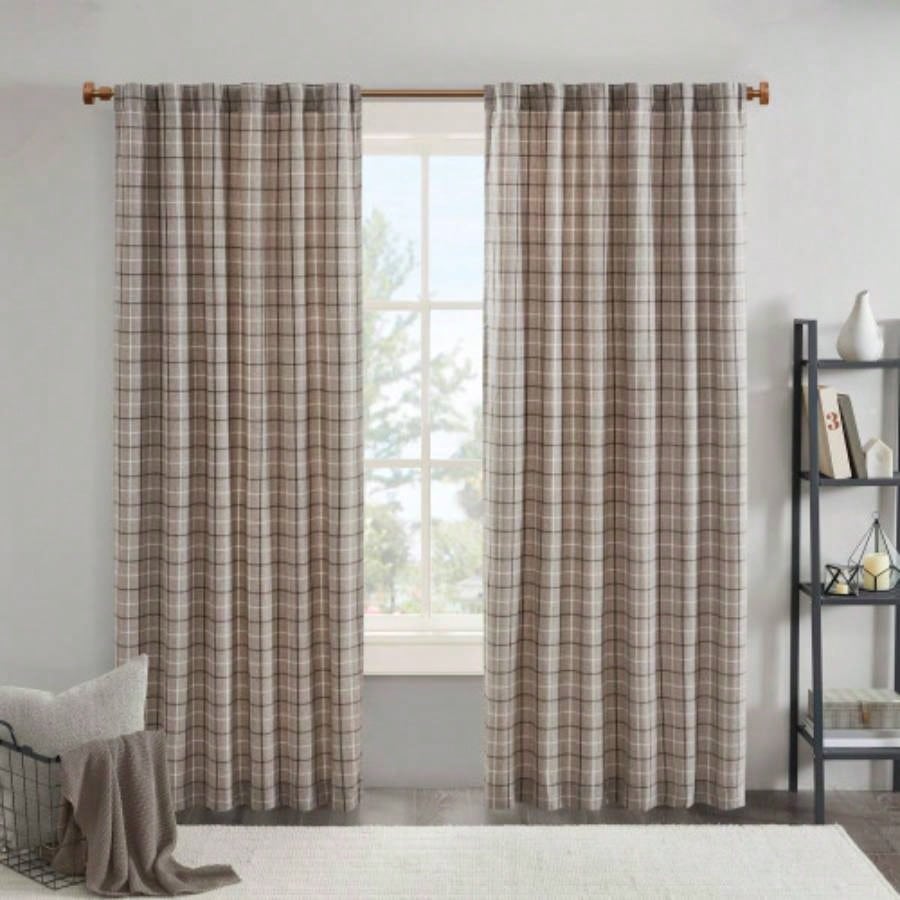 1 PCS 50x108 Plaid Rod Pocket and Back Tab Curtain Panel with Fleece Lining Brown