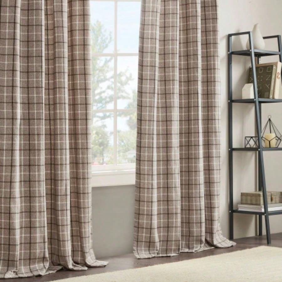 1 PCS 50x108 Plaid Rod Pocket and Back Tab Curtain Panel with Fleece Lining Brown