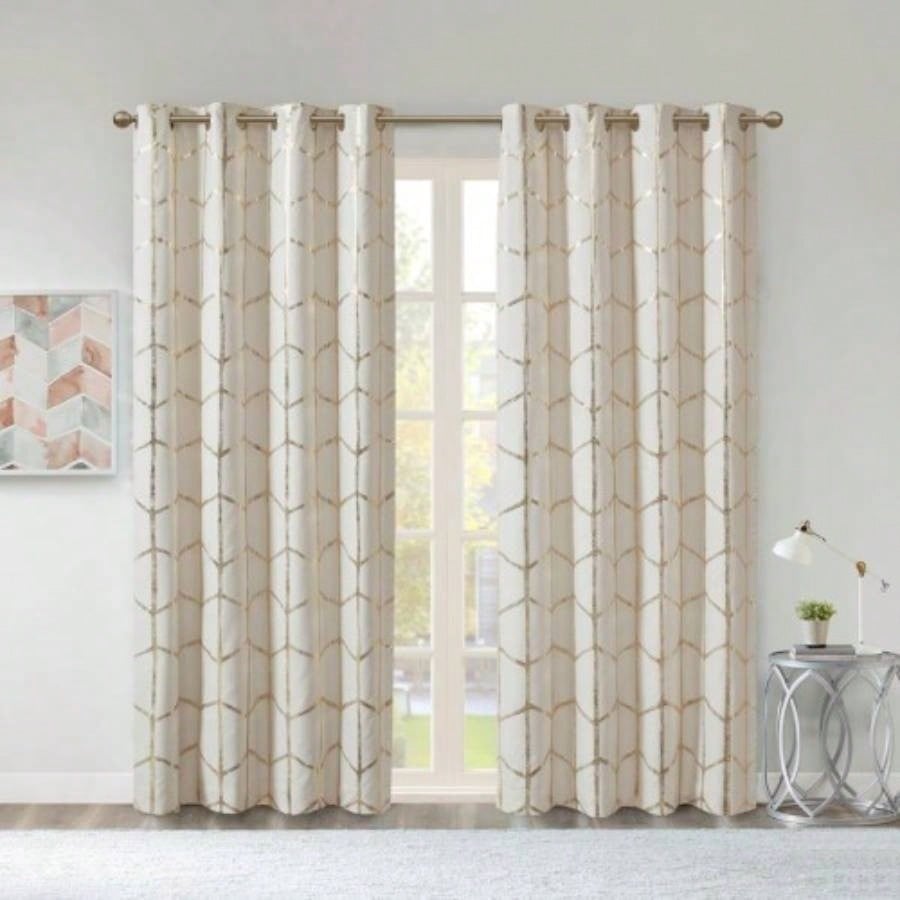 Total Blackout Metallic Print Grommet Top Curtain Panel Pair2 Pcs Window Panels