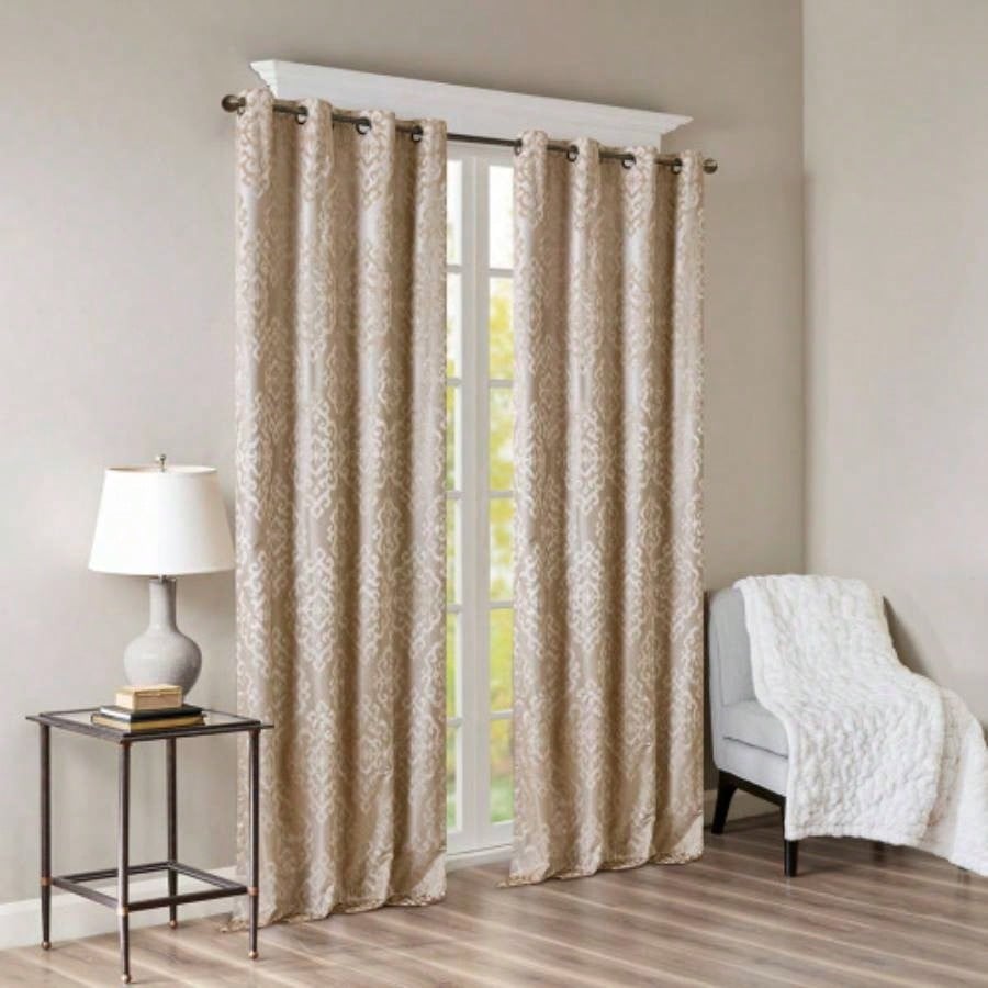 Knitted Jacquard Damask Total Blackout Grommet Top Curtain Panel Pair2 Pcs Window Panels