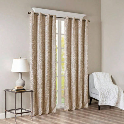 Knitted Jacquard Damask Total Blackout Grommet Top Curtain Panel Pair2 Pcs Window Panels