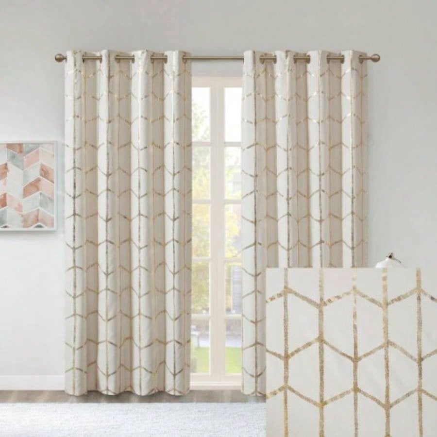 Total Blackout Metallic Print Grommet Top Curtain Panel Pair2 Pcs Window Panels