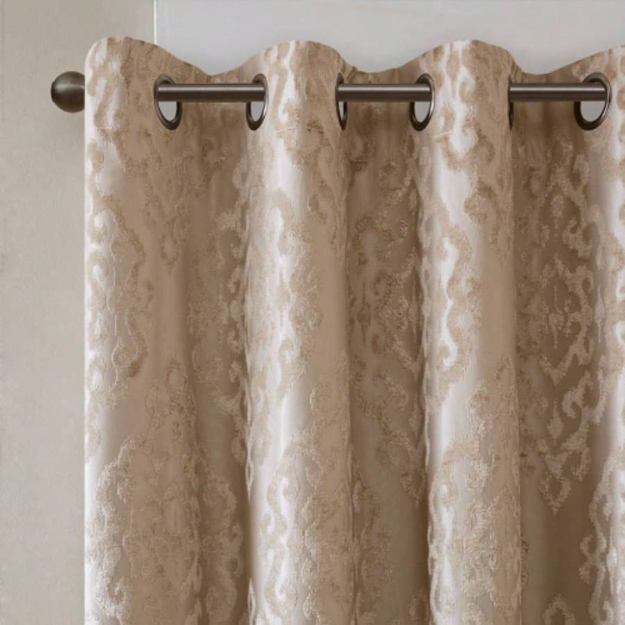 Knitted Jacquard Damask Total Blackout Grommet Top Curtain Panel Pair2 Pcs Window Panels