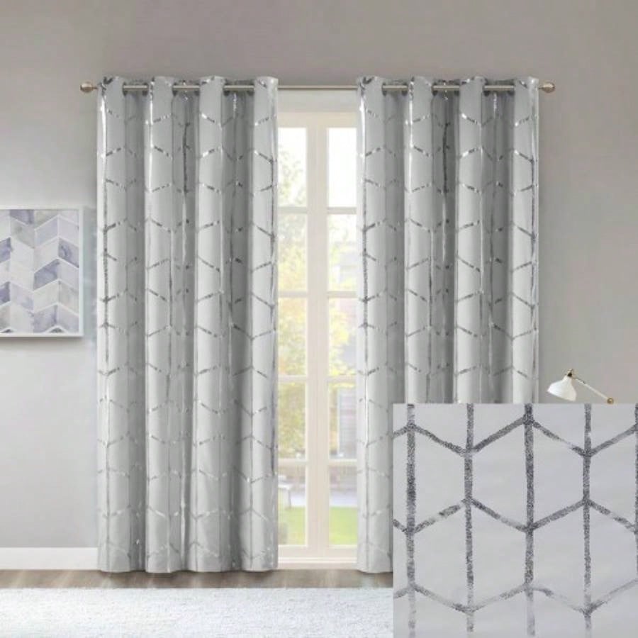 Total Blackout Metallic Print Grommet Top Curtain Panel Pair2 Pcs Window Panels